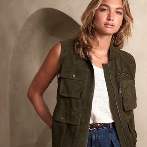 Boho style utility vest in dark gray with contrast white blue stripes on back